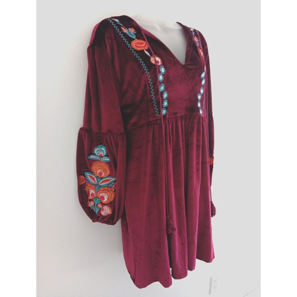 NWT Aofur Velvet Dress Womens Plus 2XL Red Embroidered Boho Popover Peasant Chic - Picture 3 of 12